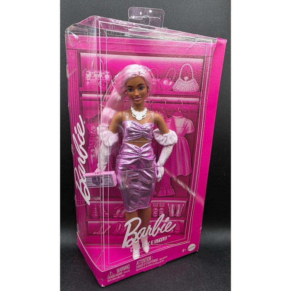 Barbie Deluxe Style Doll With Pink Metallic Dress & Accessories In Box